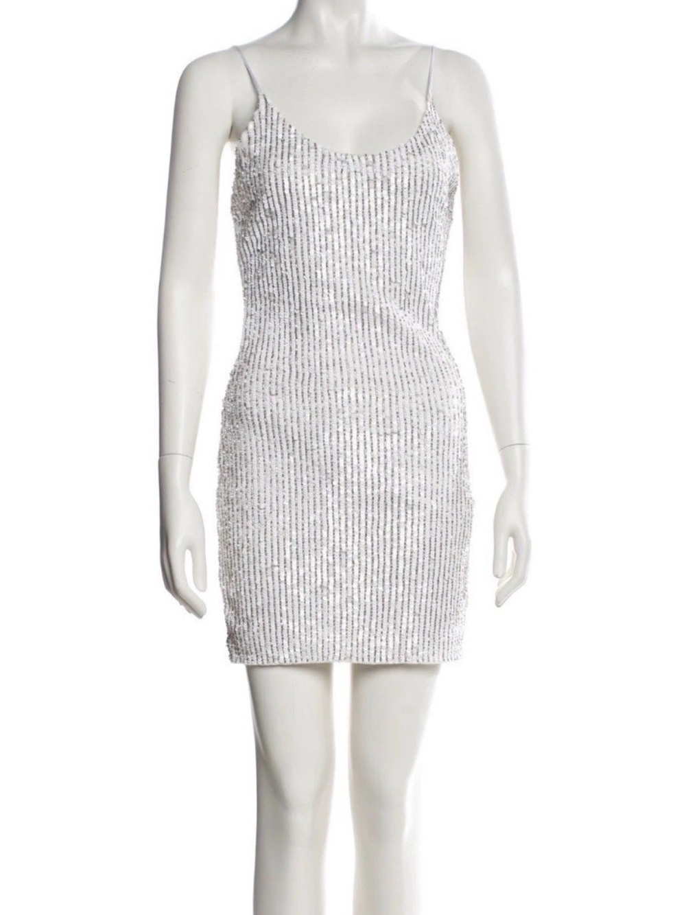 NWT Alice + Olivia Nelle White Silver Sequin Spaghetti-Strap Mini Dress